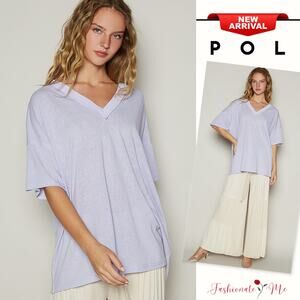 POL V-Neckline Short Sleeves Roomy Fit Stone Washed Knit T-Shirt | Lilac